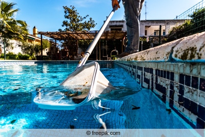 Poolwasser mit Kescher reinigen